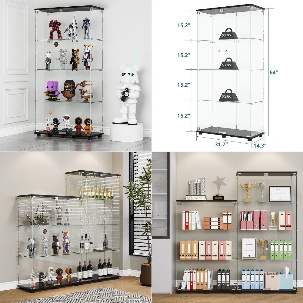 Glass Cabinet Display - Vitrina con 4 Estantes, Puertas Dobles